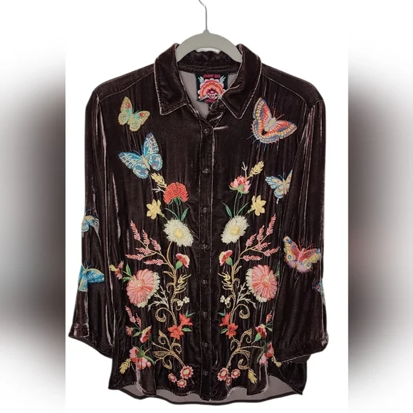 Johnny Was Velvet Kimono Sleeve Brown Luciana Butterfly Shirt Women's Size XS - Picture 7 of 12